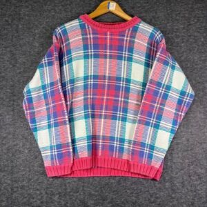 Vintage Plaid Crew Neck Sweater Pink Blue White Women's Small